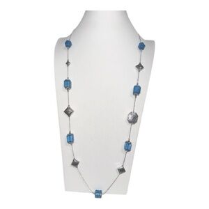 Long Blue Resin Bead Station Necklace | Silver Tone Boho Style